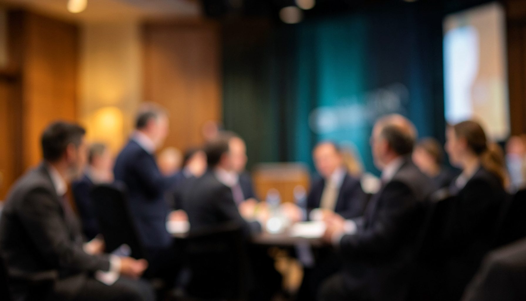 A softly blurred conference backdrop with warm amber and deep teal tones, suggesting a large institutional event space with delegates in discussion.