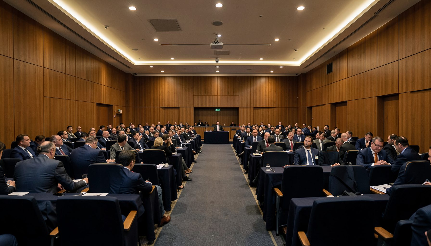 A wide-angle view of a modern conference hall with rows of seating, warm wood paneling, and soft overhead lighting, conveying a professional intergovernmental gathering atmosphere in deep navy and warm gold tones.