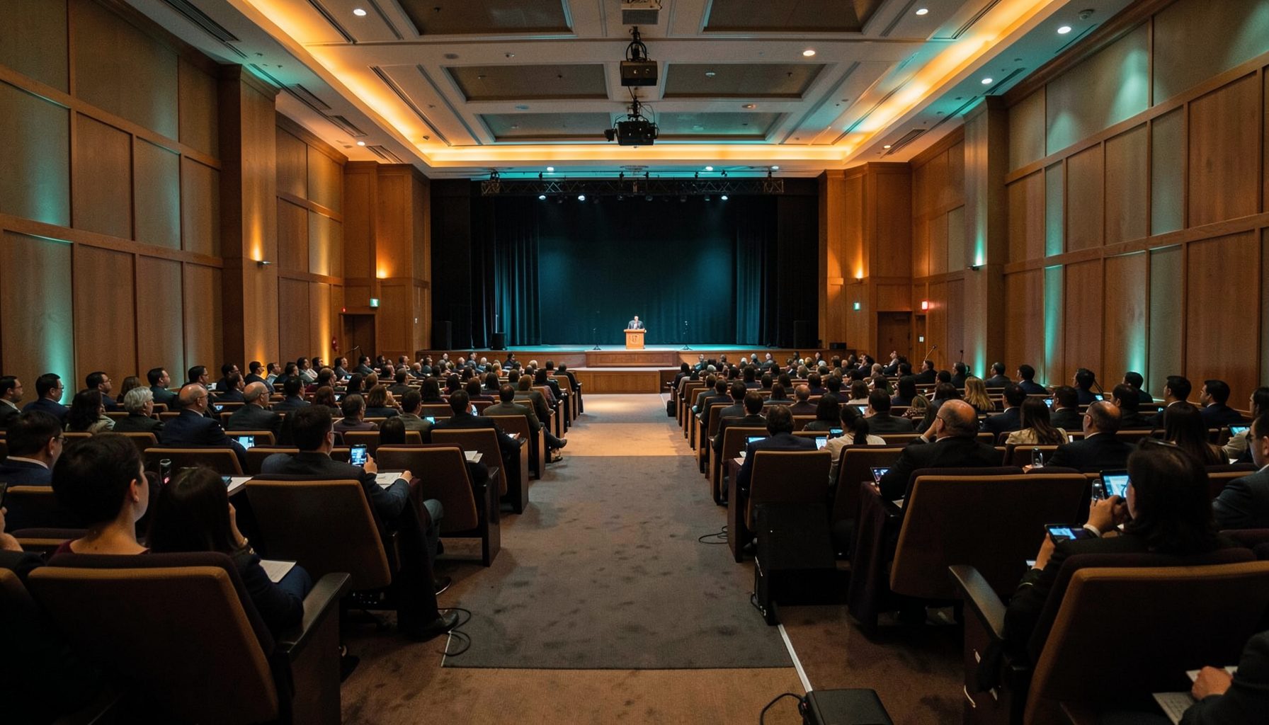 A wide conference room with rows of seating and a stage, bathed in warm amber and teal lighting, conveying a formal intergovernmental gathering atmosphere.