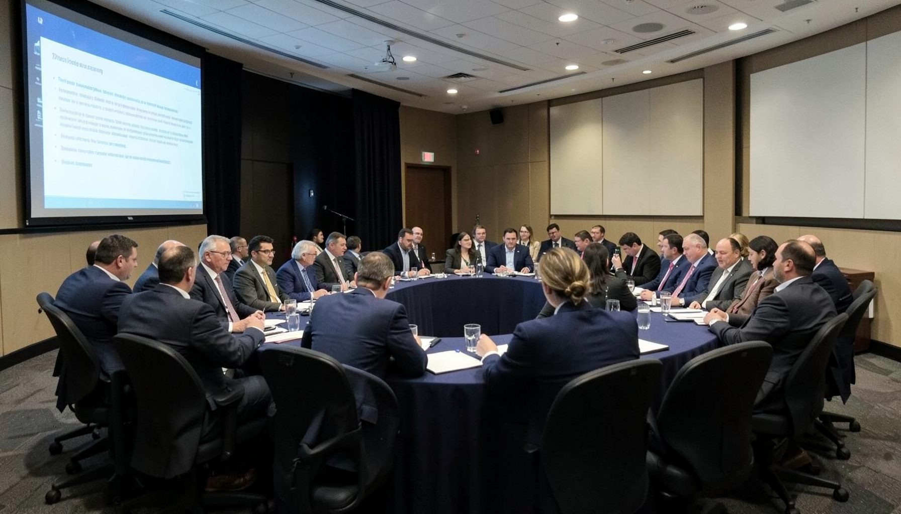 Conference delegates seated in a large meeting room with presentation screens, muted navy and beige palette