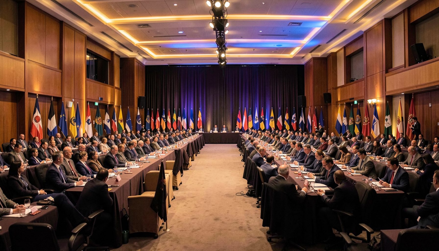 Wide-angle view of a large international conference hall with rows of delegates seated at long tables, national flags lining the stage, warm golden and blue lighting, formal diplomatic atmosphere