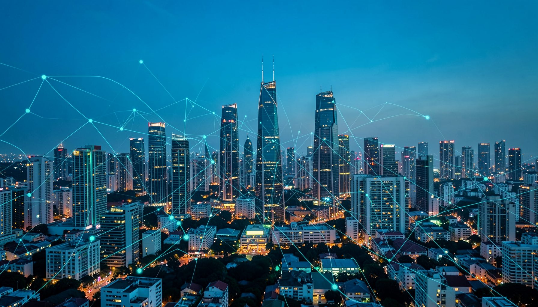 Wide panoramic view of a modern Asian city skyline at dusk with illuminated skyscrapers and digital network connection lines subtly overlaid, conveying technology and development across the Asia-Pacific region. Deep blue and teal tones dominate, with warm amber lights from buildings.