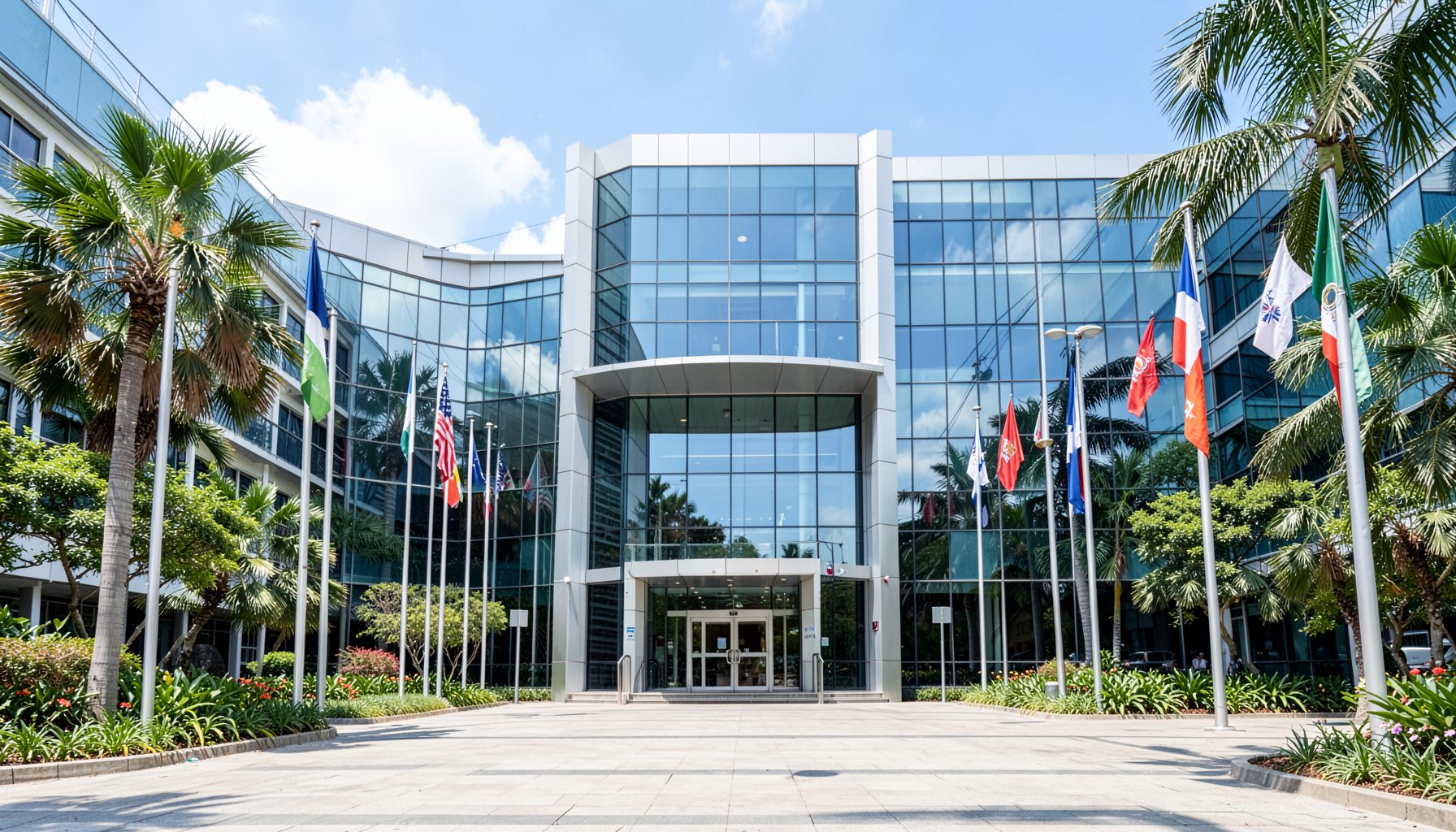 Wide view of a modern glass-and-steel institutional building entrance with flags lining a landscaped plaza under a bright tropical sky, conveying a formal international conference setting